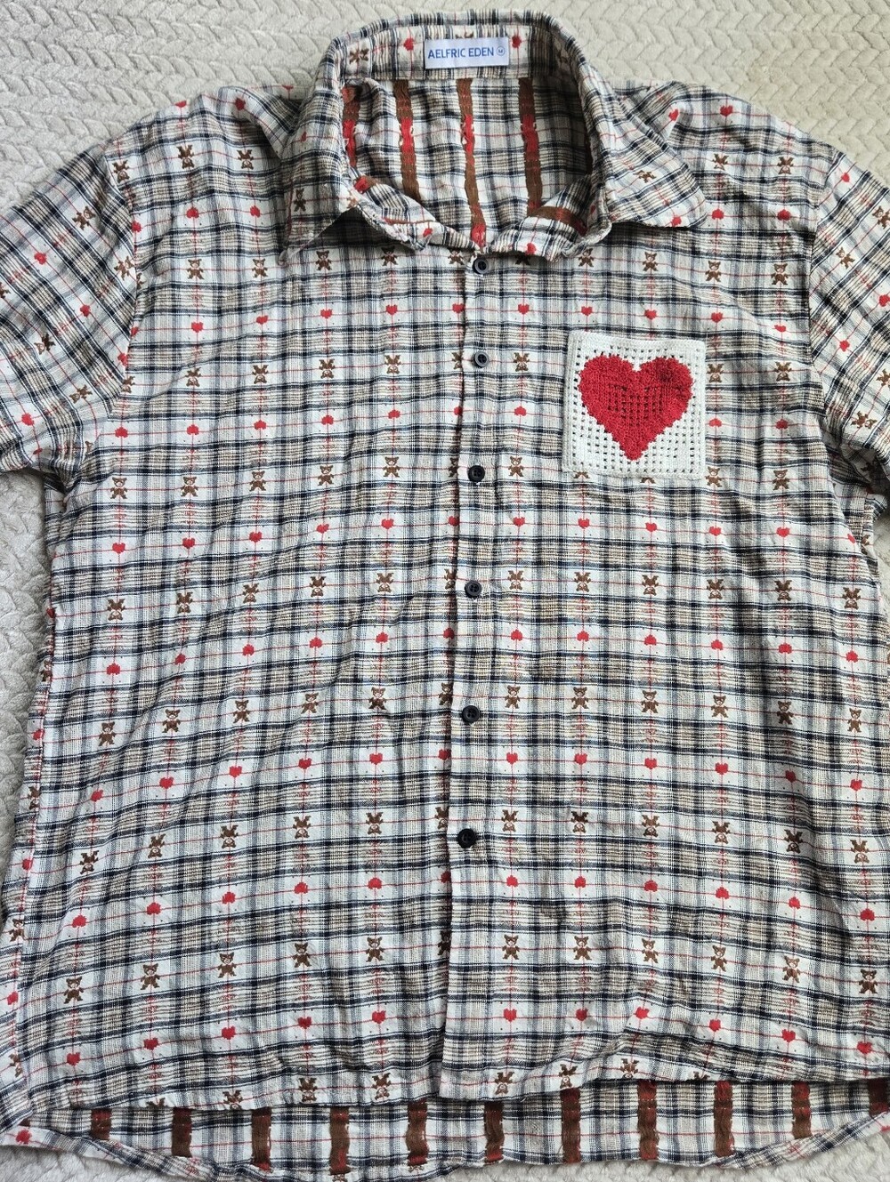 Aelfric Eden Plaid Button Up Shirt Teddy Bear Crochet Heart Medium 100% Cotton